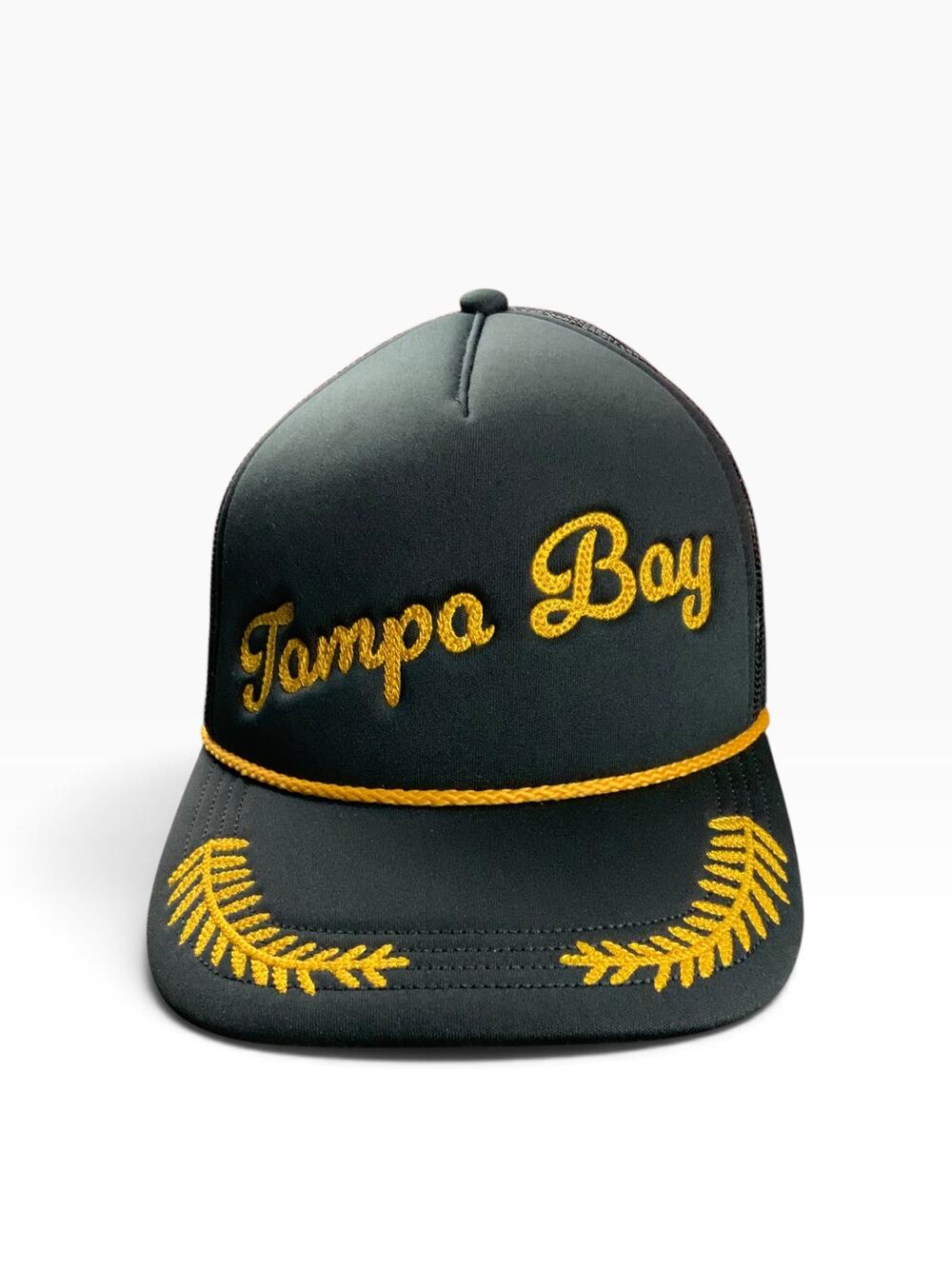 Local Crowns Tampa Bay Captain Trucker Hat Black Gold Snapback Rope Embroidered